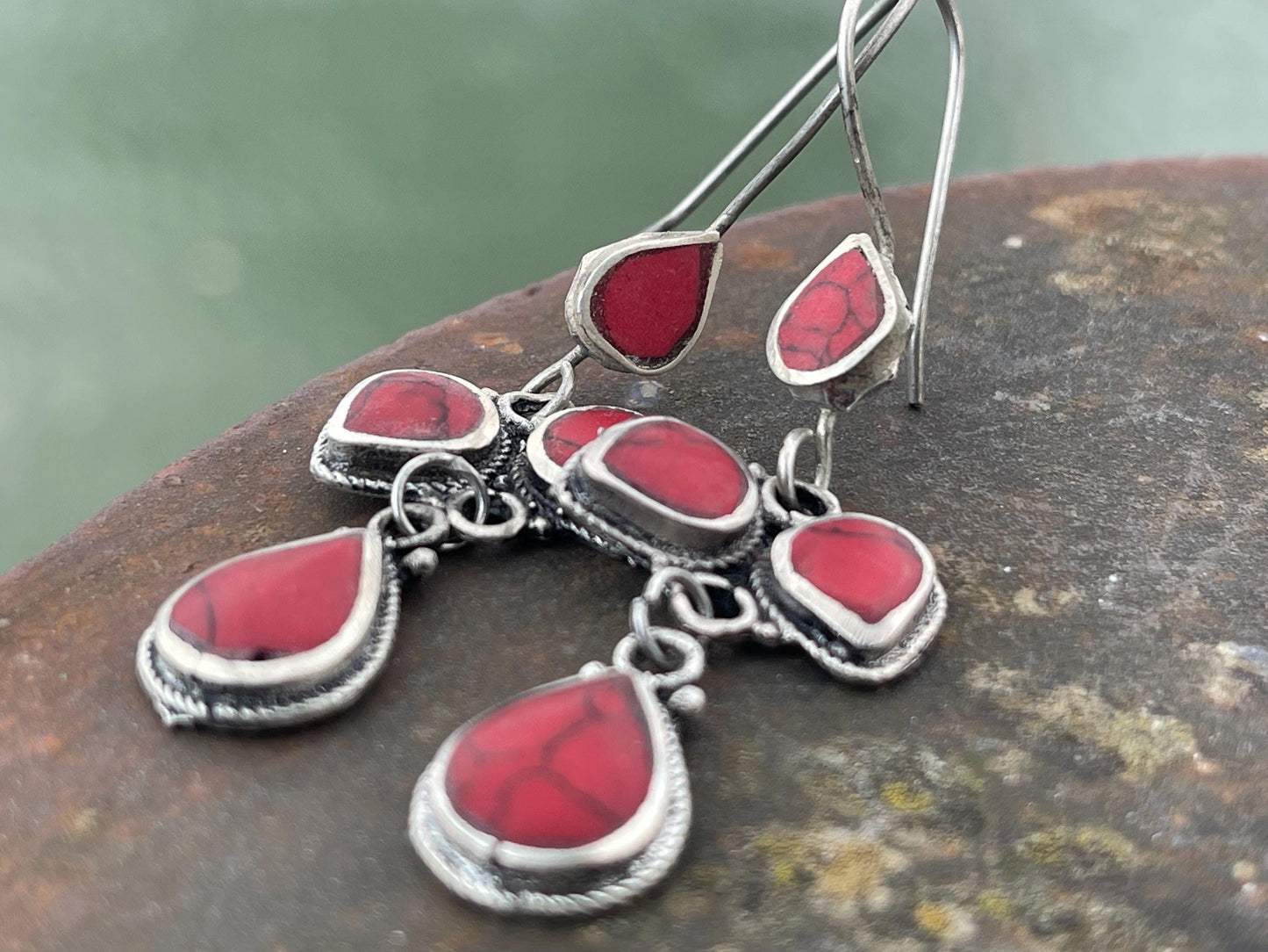 Gypsy jewellery, vintage teardrop earrings, red jewellery, ethical jewellery, gypsy earrings, romantic gifts, eco friendly jewellery