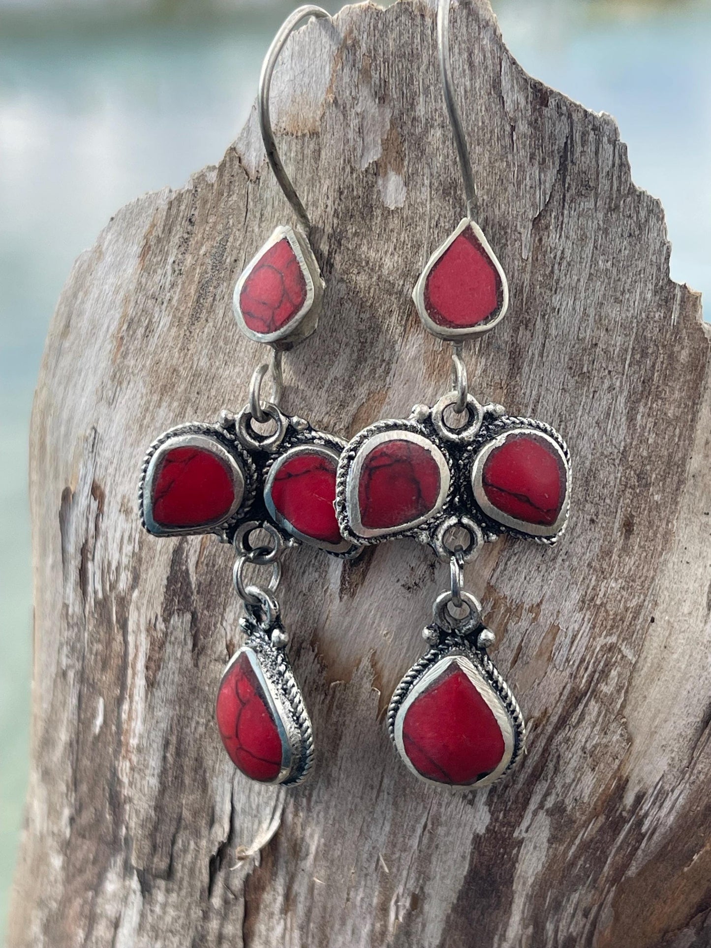 Gypsy jewellery, vintage teardrop earrings, red jewellery, ethical jewellery, gypsy earrings, romantic gifts, eco friendly jewellery