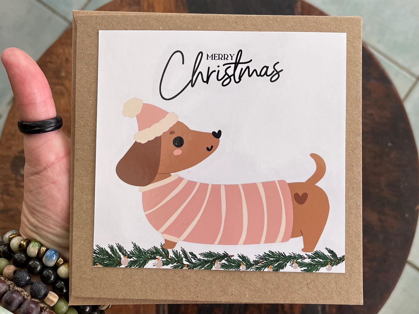 Recycled Christmas card. Christmas sausage dog card, dog christmas card. Eco friendly Christmas card. Xmas dog card, ethical Christmas card