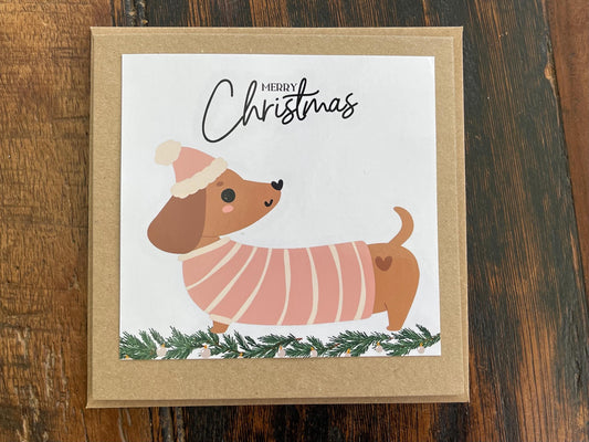 Recycled Christmas card. Christmas sausage dog card, dog christmas card. Eco friendly Christmas card. Xmas dog card, ethical Christmas card