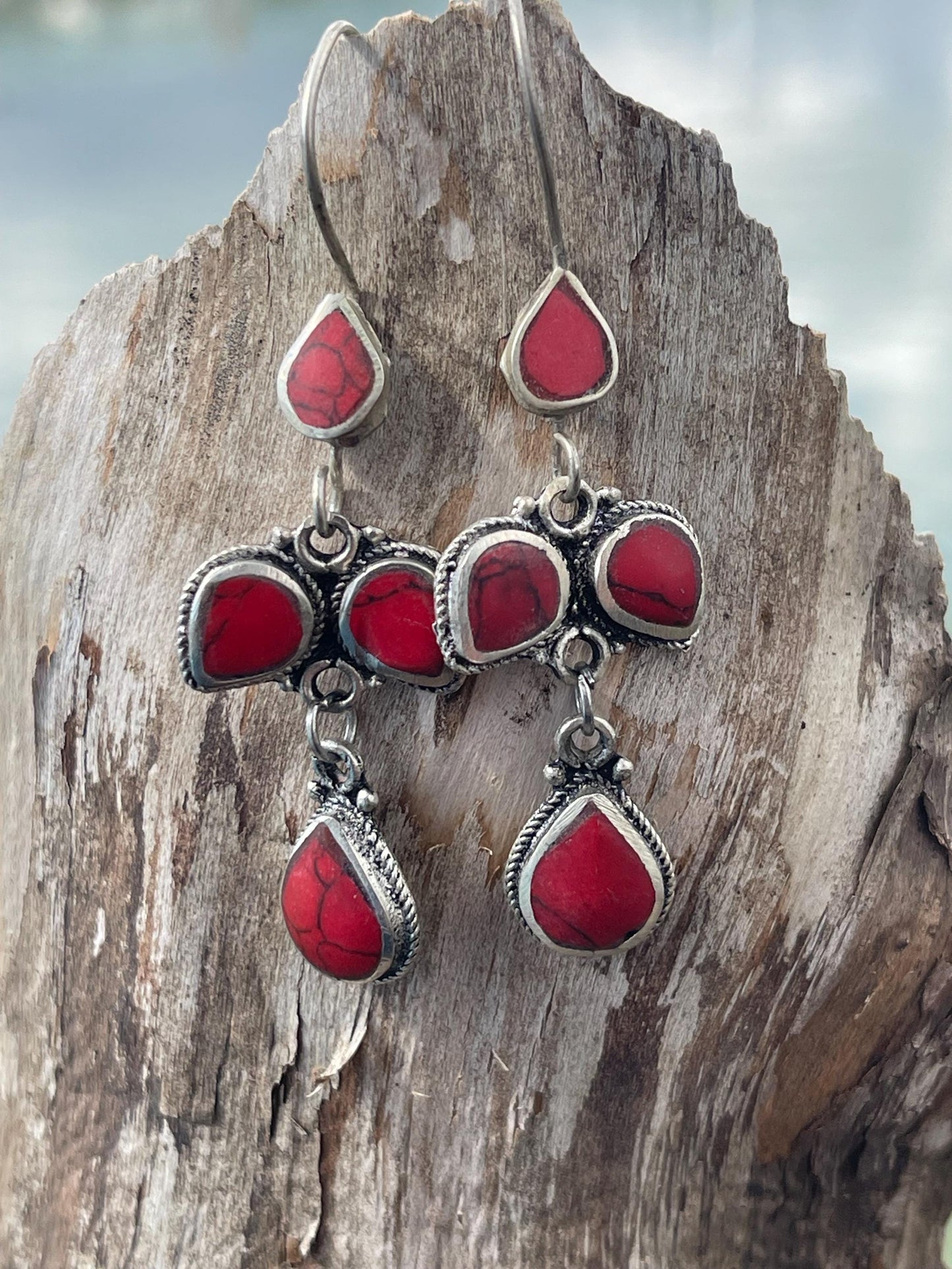 Gypsy jewellery, vintage teardrop earrings, red jewellery, ethical jewellery, gypsy earrings, romantic gifts, eco friendly jewellery