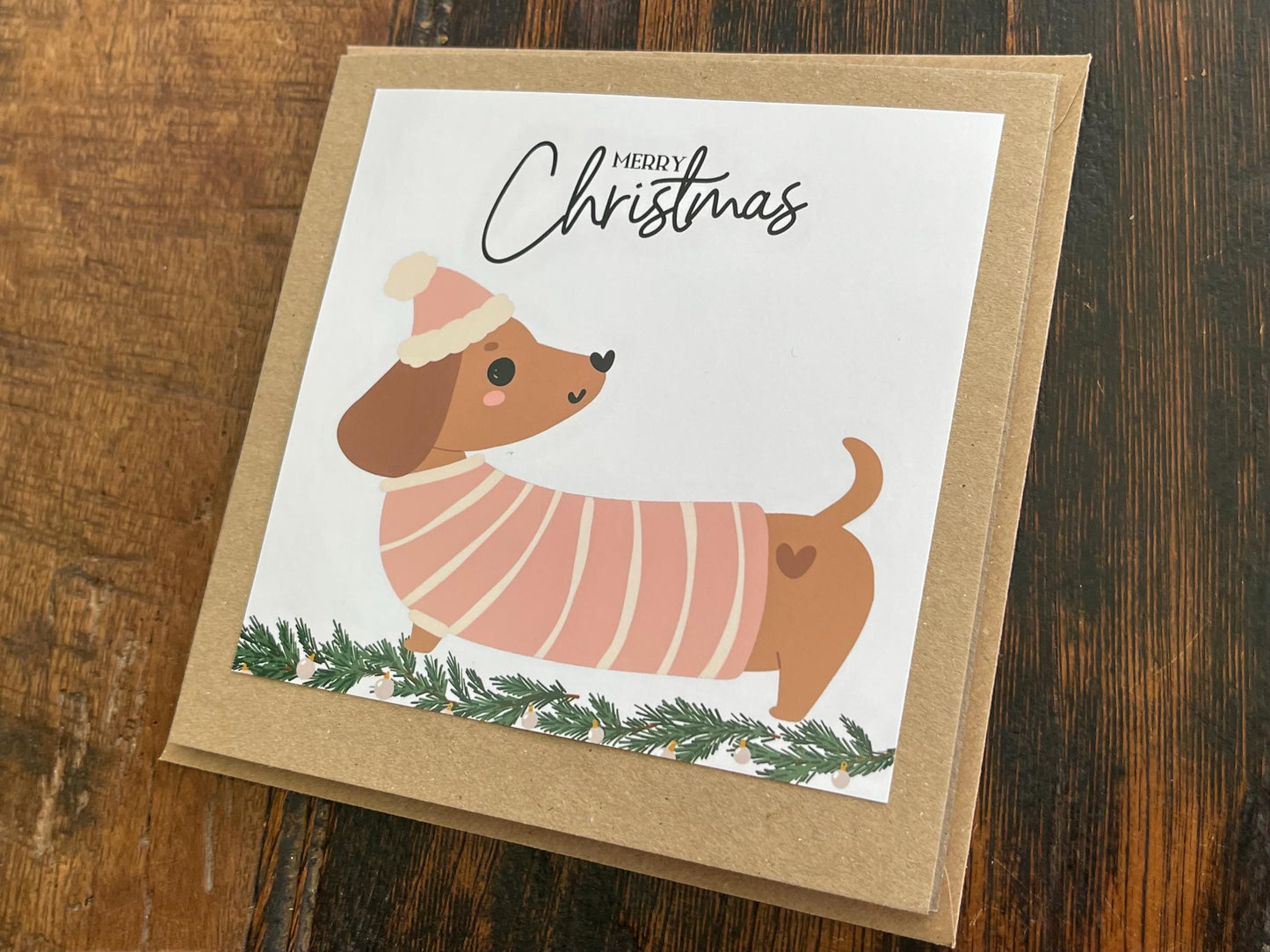 Recycled Christmas card. Christmas sausage dog card, dog christmas card. Eco friendly Christmas card. Xmas dog card, ethical Christmas card