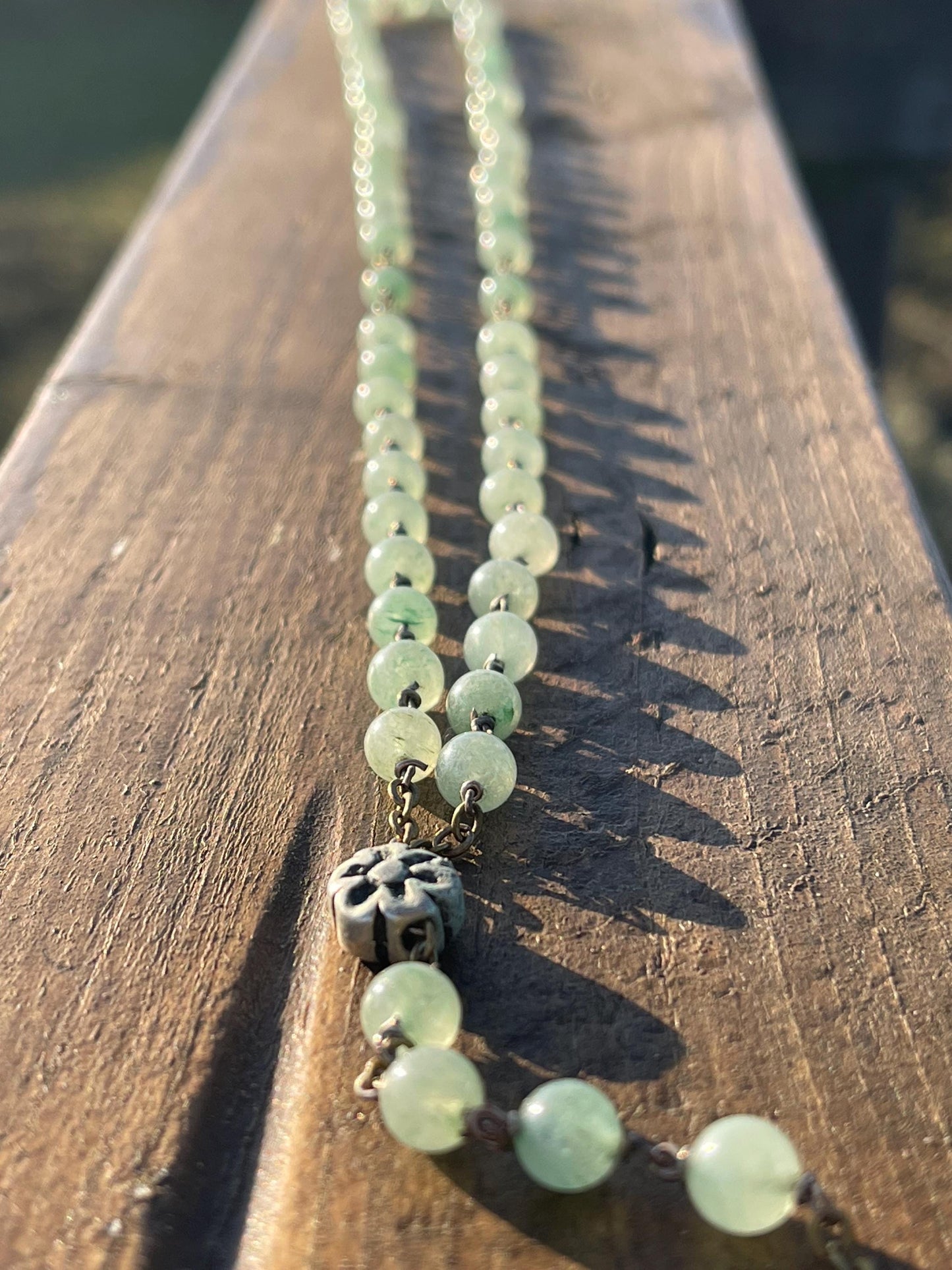 Vintage aventurine necklace. Long gemstone necklace. Romantic gift for her. Green gemstone jewellery.