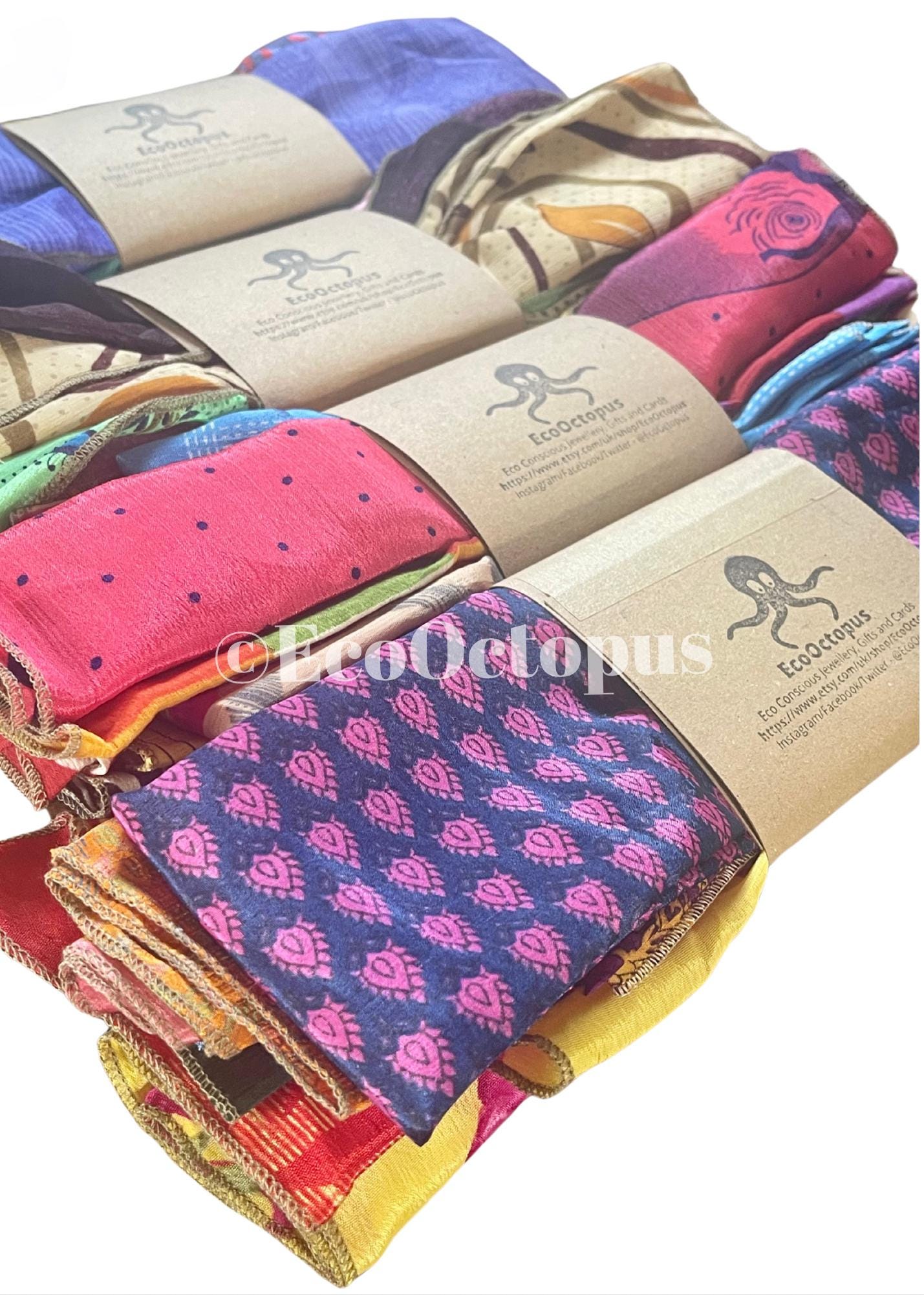 8 pieces of eco friendly sari gift wrap. Made from vintage silks. Ethical stationary. Eco friendly gifts. Re-usable recycled gift wrap.
