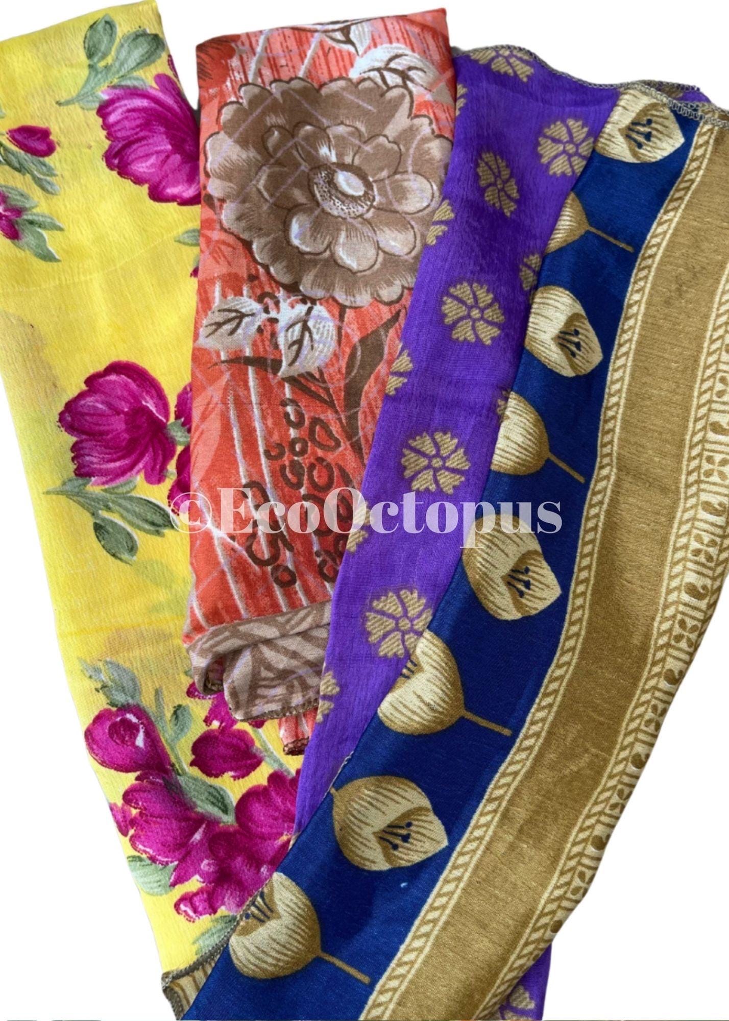 8 pieces of eco friendly sari gift wrap. Made from vintage silks. Ethical stationary. Eco friendly gifts. Re-usable recycled gift wrap.