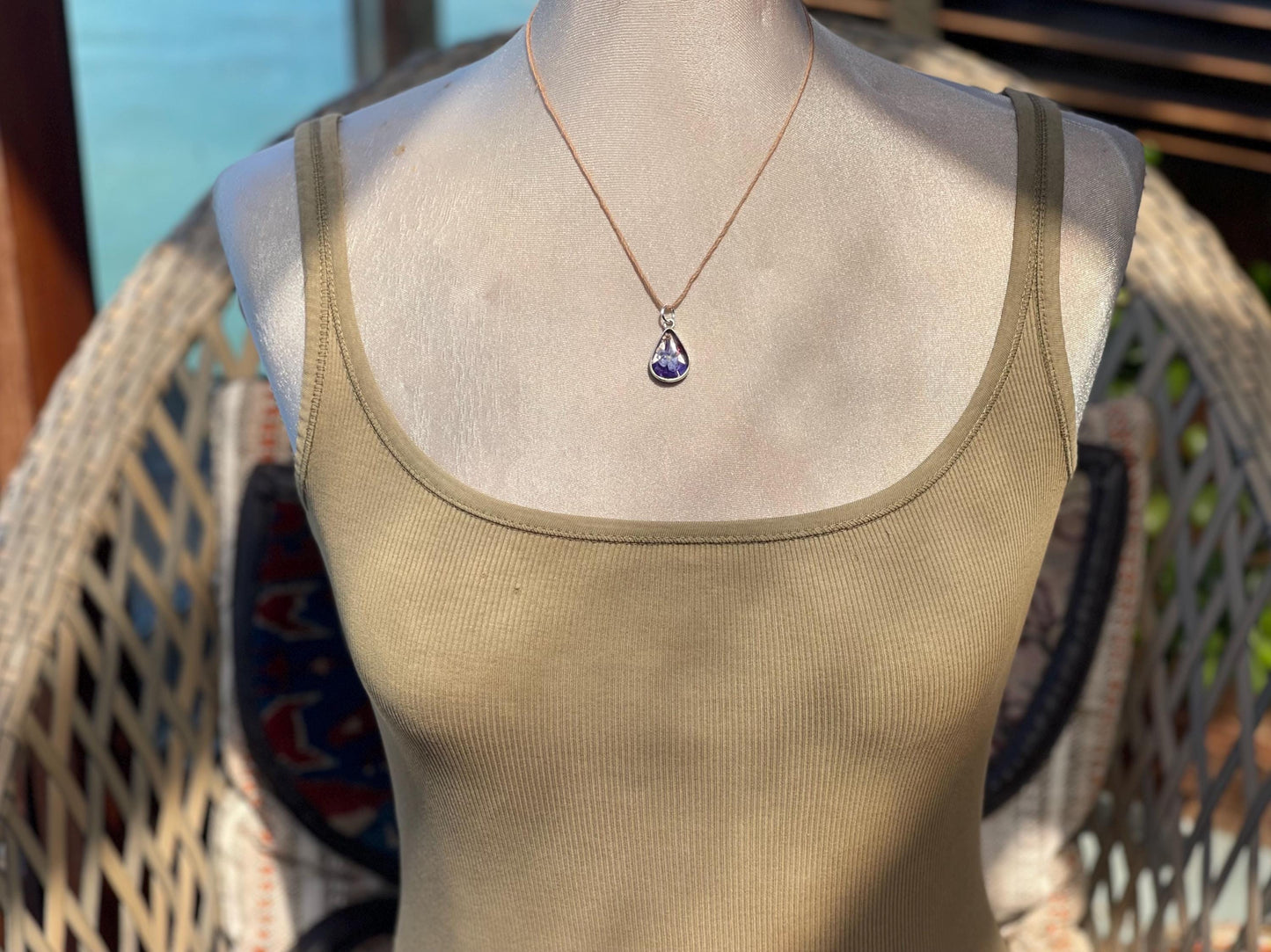 Flower necklace, ethical jewellery, violet necklace, handmade necklace, boho jewellery, Unusual gift for her, flower pendant, unique gifts.