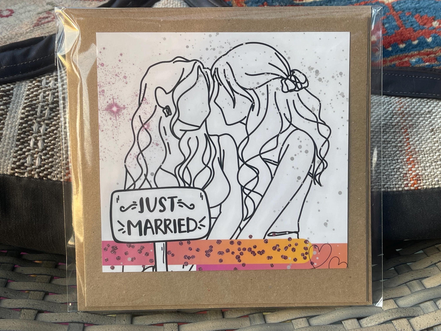 Just married card, recycled handmade wedding card. Homemade wedding card. Same sex wedding card. mrs and mrs, gay wedding card. LGBT wedding