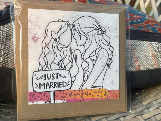 Just married card, recycled handmade wedding card. Homemade wedding card. Same sex wedding card. mrs and mrs, gay wedding card. LGBT wedding