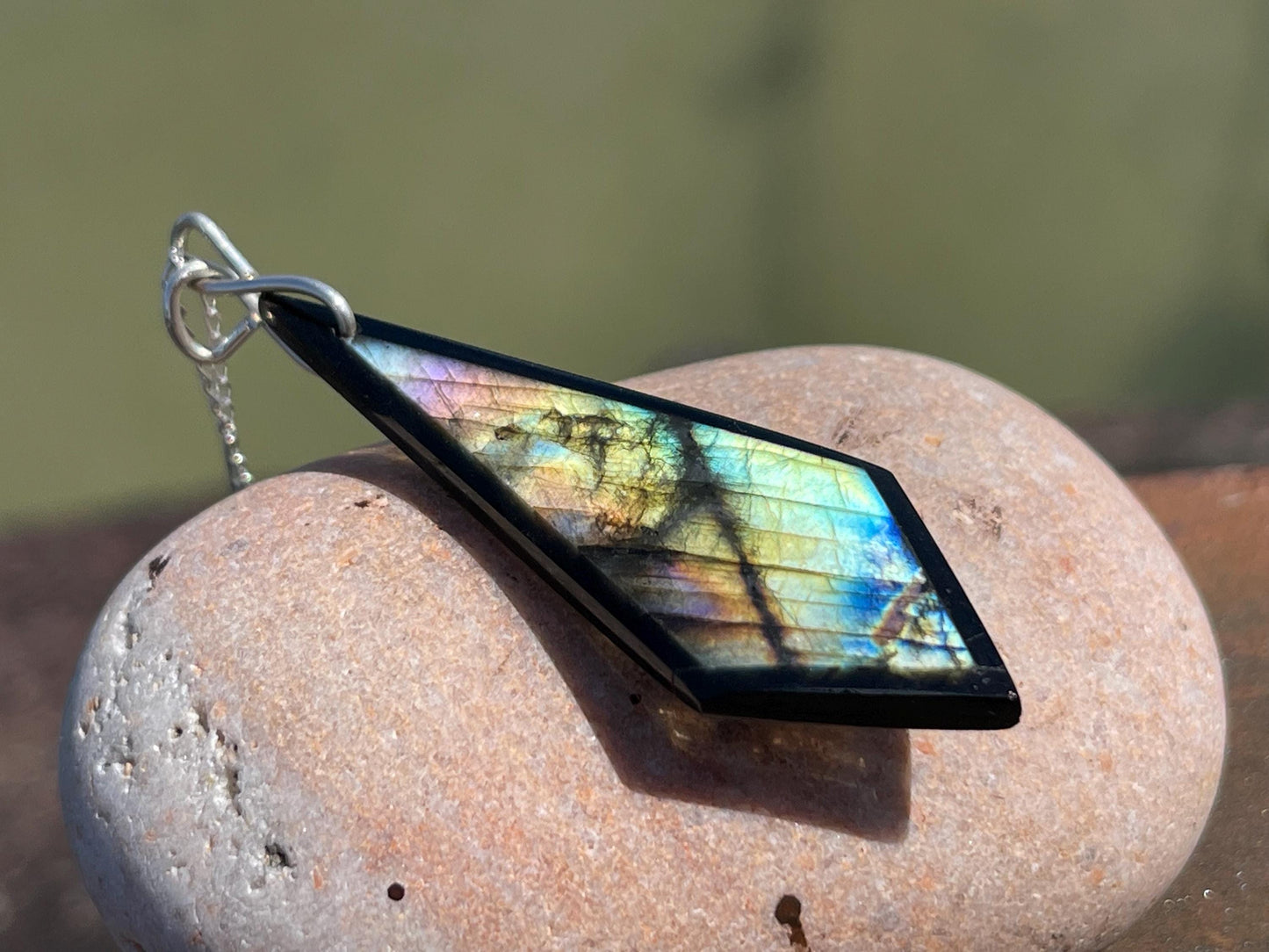 Ethically sourced labradorite necklace on recycled sterling silver. Ethical jewellery, labradorite jewellery. Labradorite pendants.