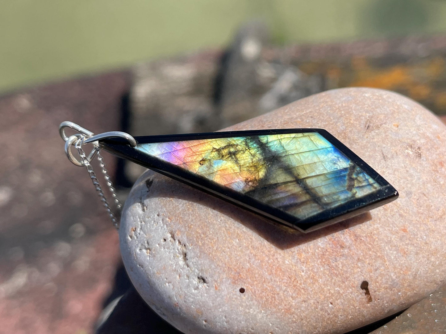 Ethically sourced labradorite necklace on recycled sterling silver. Ethical jewellery, labradorite jewellery. Labradorite pendants.