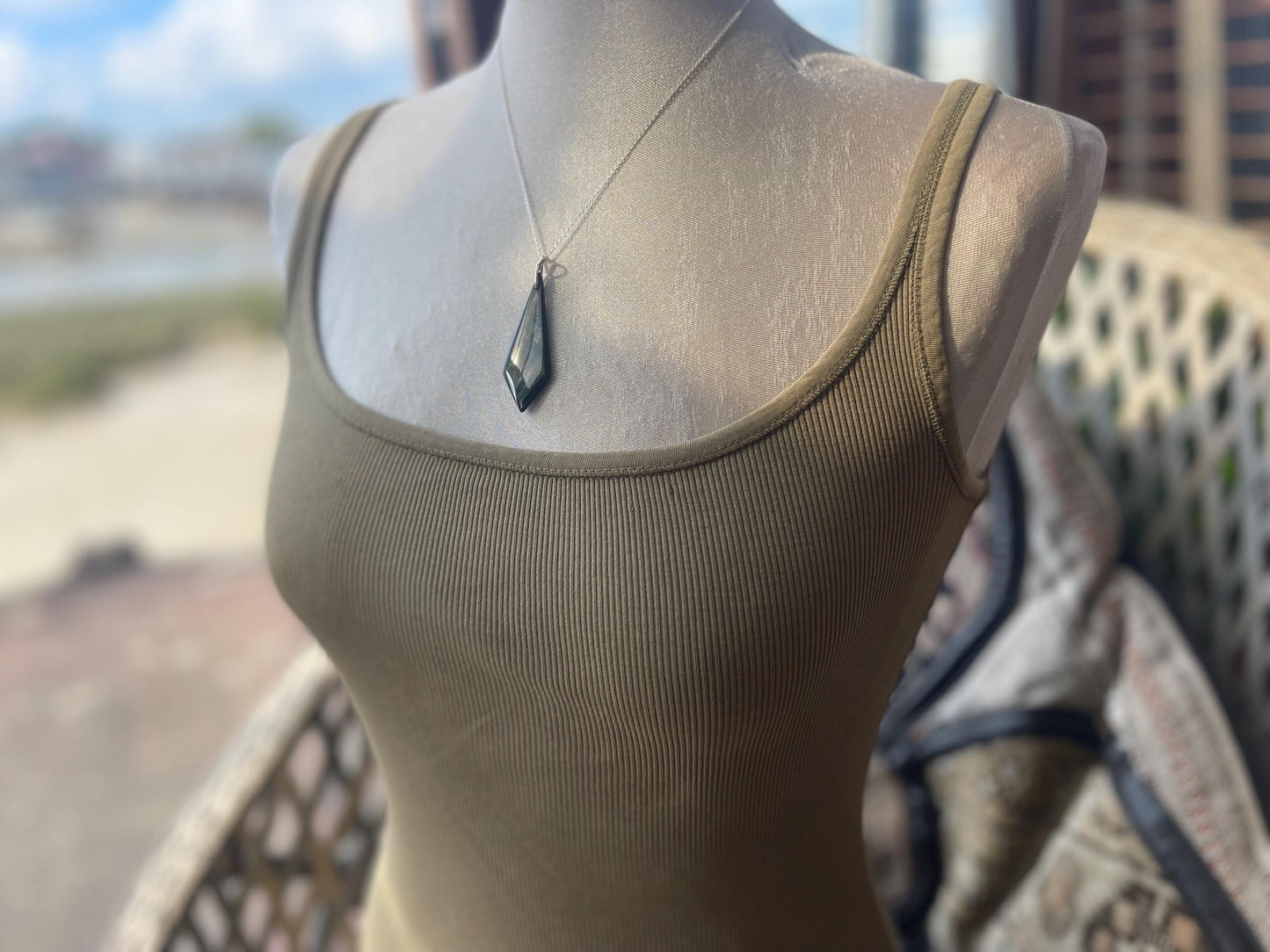 Ethically sourced labradorite necklace on recycled sterling silver. Ethical jewellery, labradorite jewellery. Labradorite pendants.