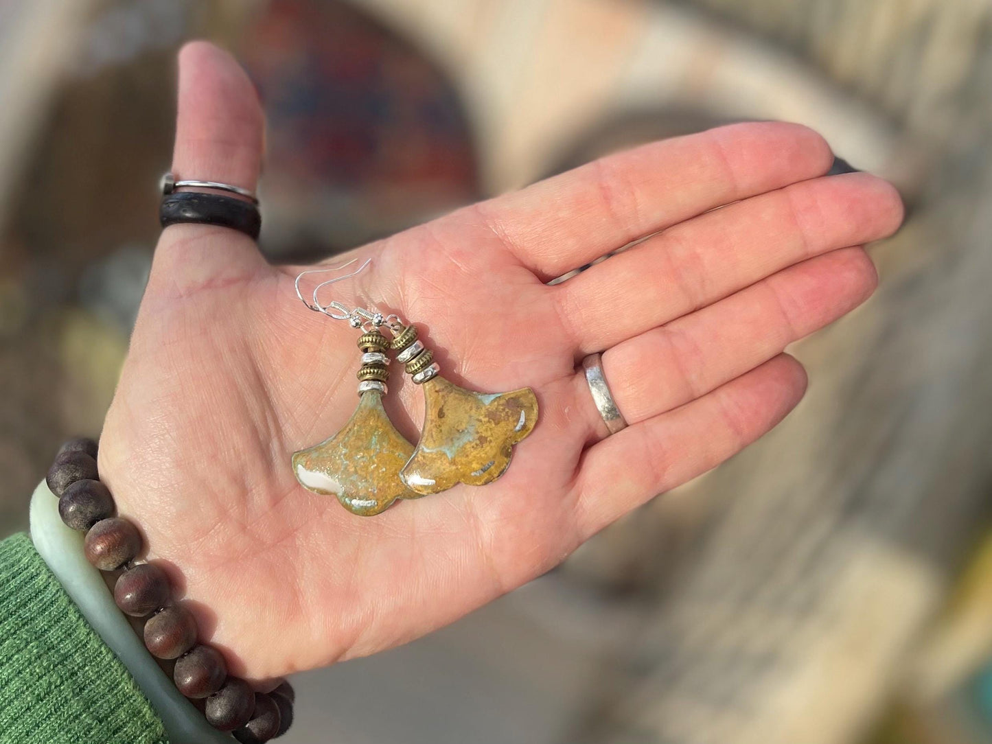 Handmade patina earrings. Rustic earrings, unusual earrings, unusual gift for her, blue earrings, boho earrings, large statement earrings.