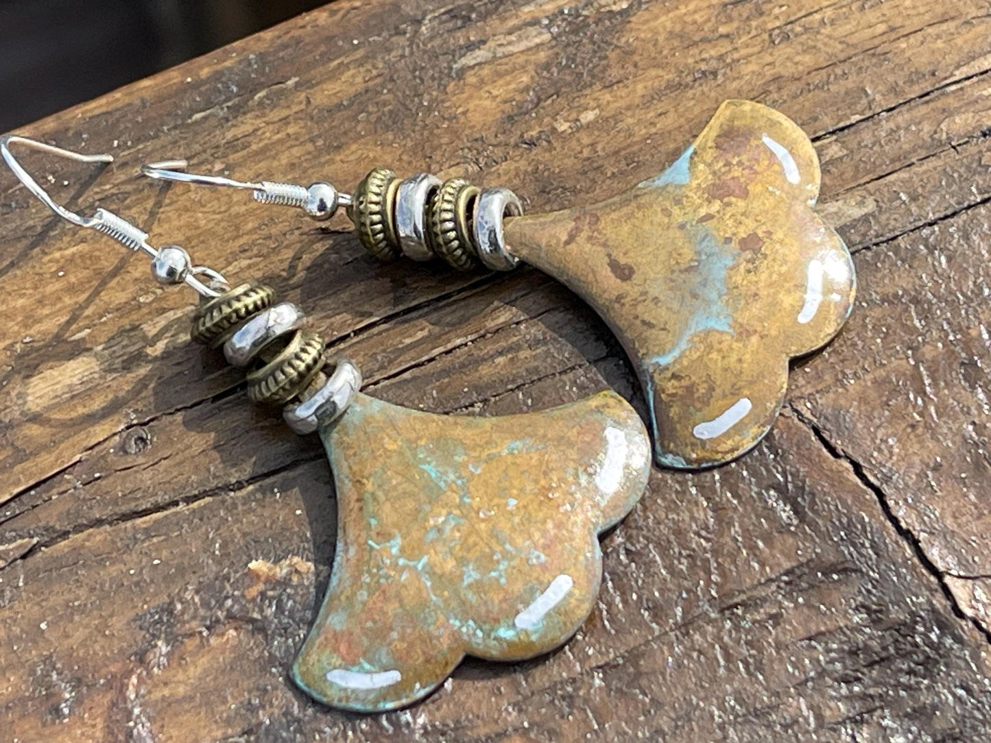 Handmade patina earrings. Rustic earrings, unusual earrings, unusual gift for her, blue earrings, boho earrings, large statement earrings.