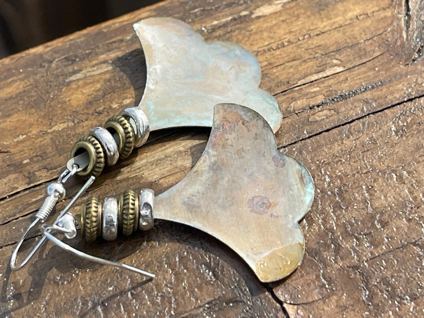 Handmade patina earrings. Rustic earrings, unusual earrings, unusual gift for her, blue earrings, boho earrings, large statement earrings.