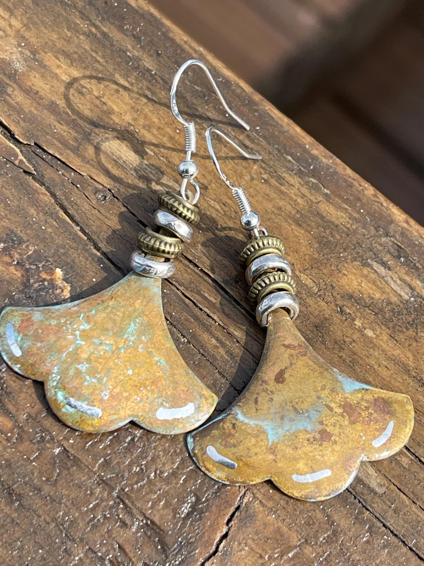 Handmade patina earrings. Rustic earrings, unusual earrings, unusual gift for her, blue earrings, boho earrings, large statement earrings.
