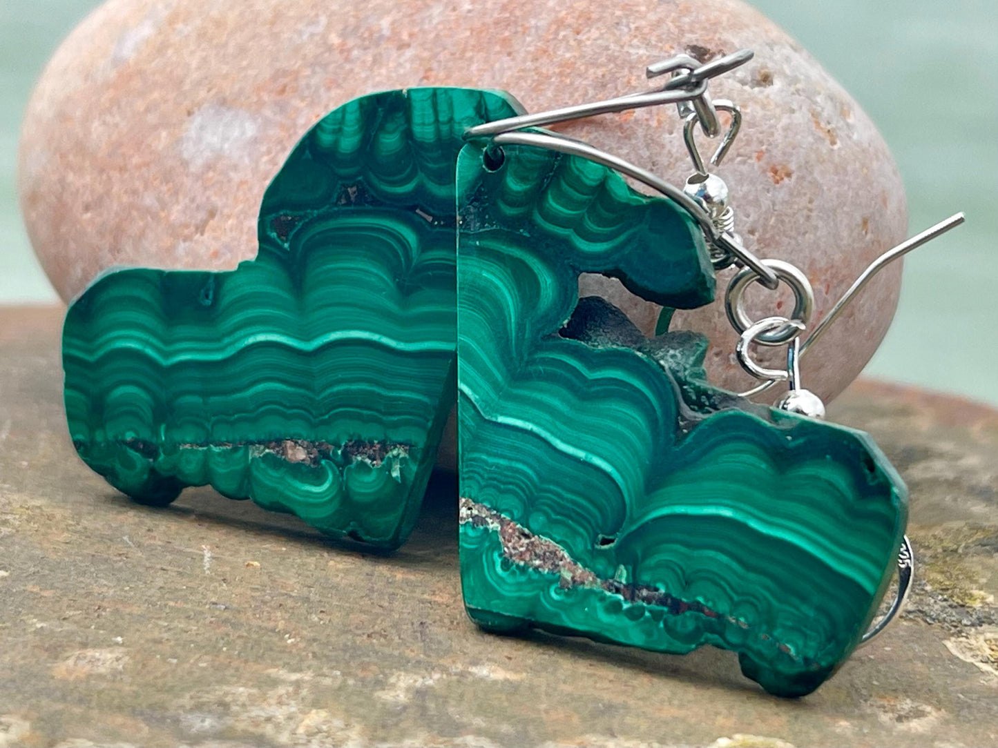 Silver earrings, boho earrings, unusual gift for her, malachite earrings, malachite jewellery, green gemstone earrings. Unusual jewellery