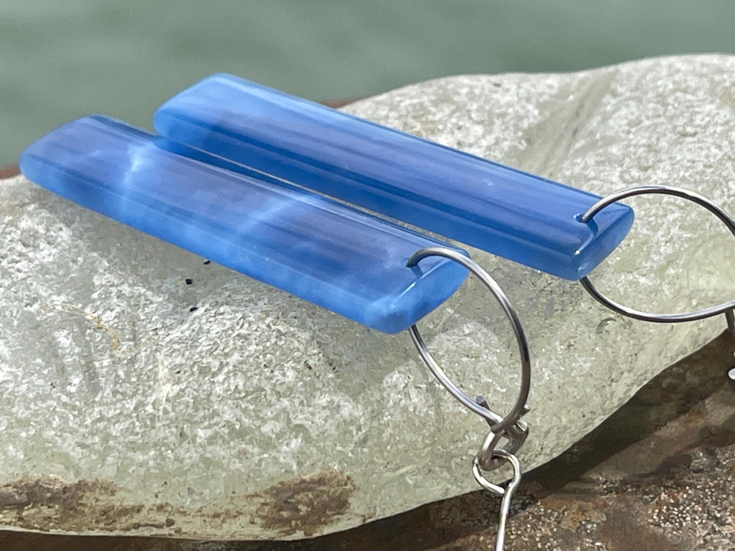 Blue onyx gemstone earrings. Long drop dangly earrings. Blue gemstone earrings. Ethical jewellery, blue jewellery. Handmade onyx jewellery.