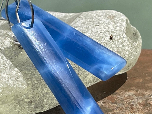 Blue onyx gemstone earrings. Long drop dangly earrings. Blue gemstone earrings. Ethical jewellery, blue jewellery. Handmade onyx jewellery.