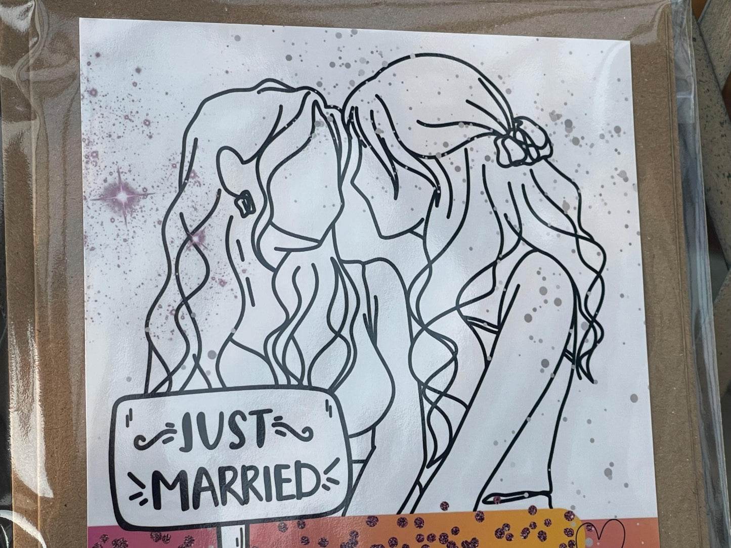Just married card, recycled handmade wedding card. Homemade wedding card. Same sex wedding card. mrs and mrs, gay wedding card. LGBT wedding