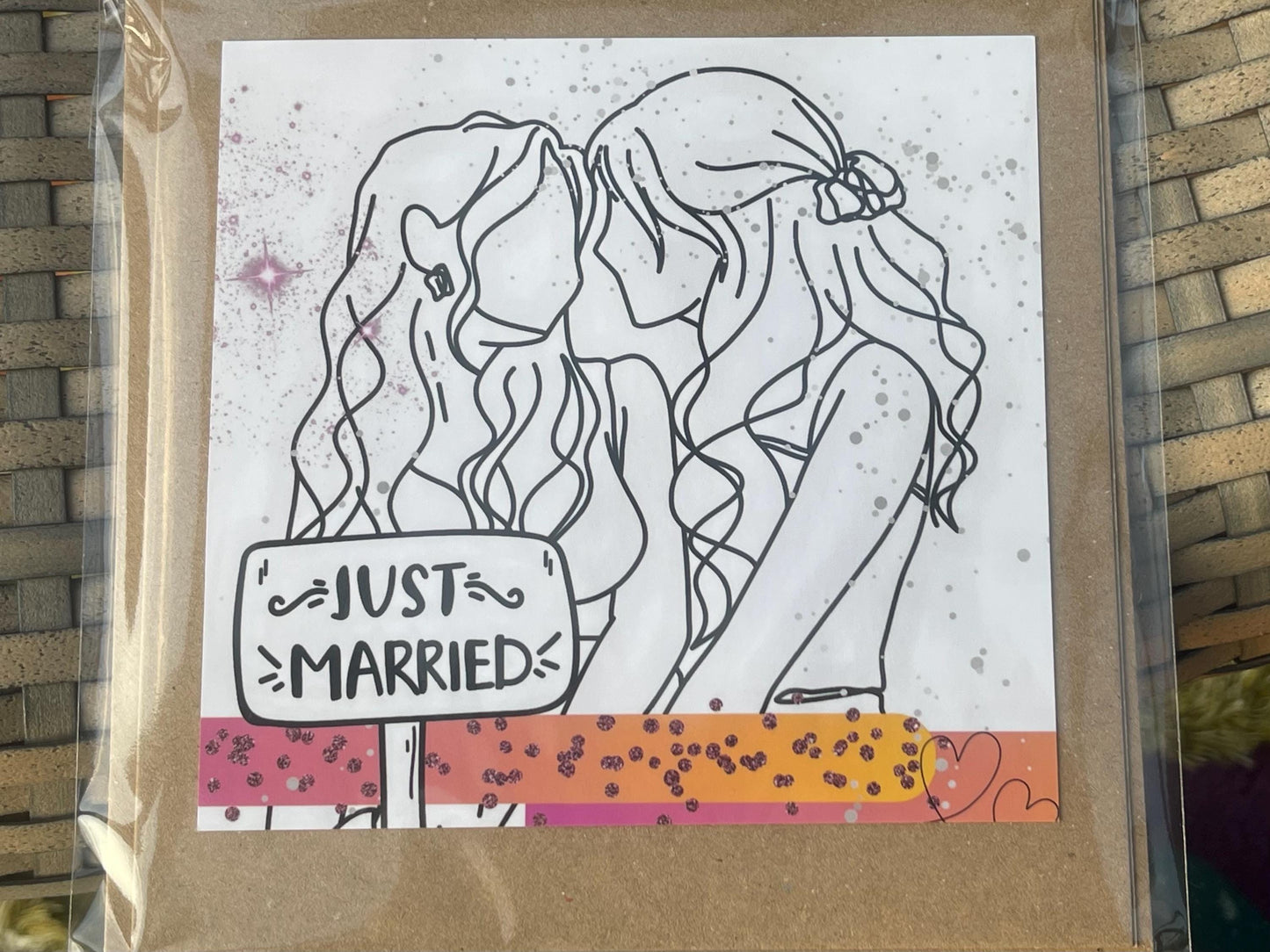 Just married card, recycled handmade wedding card. Homemade wedding card. Same sex wedding card. mrs and mrs, gay wedding card. LGBT wedding