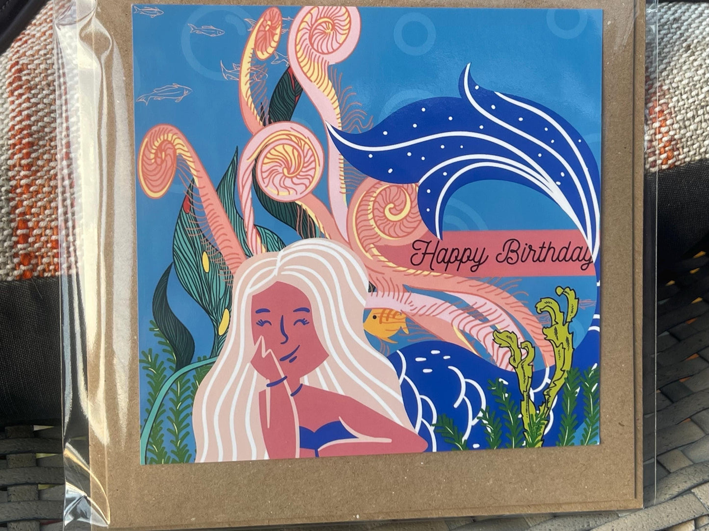 Mermaid card, recycled card, birthday card. Eco friendly card. Handmade card, blank gift card,  kids birthday card. Under the sea.
