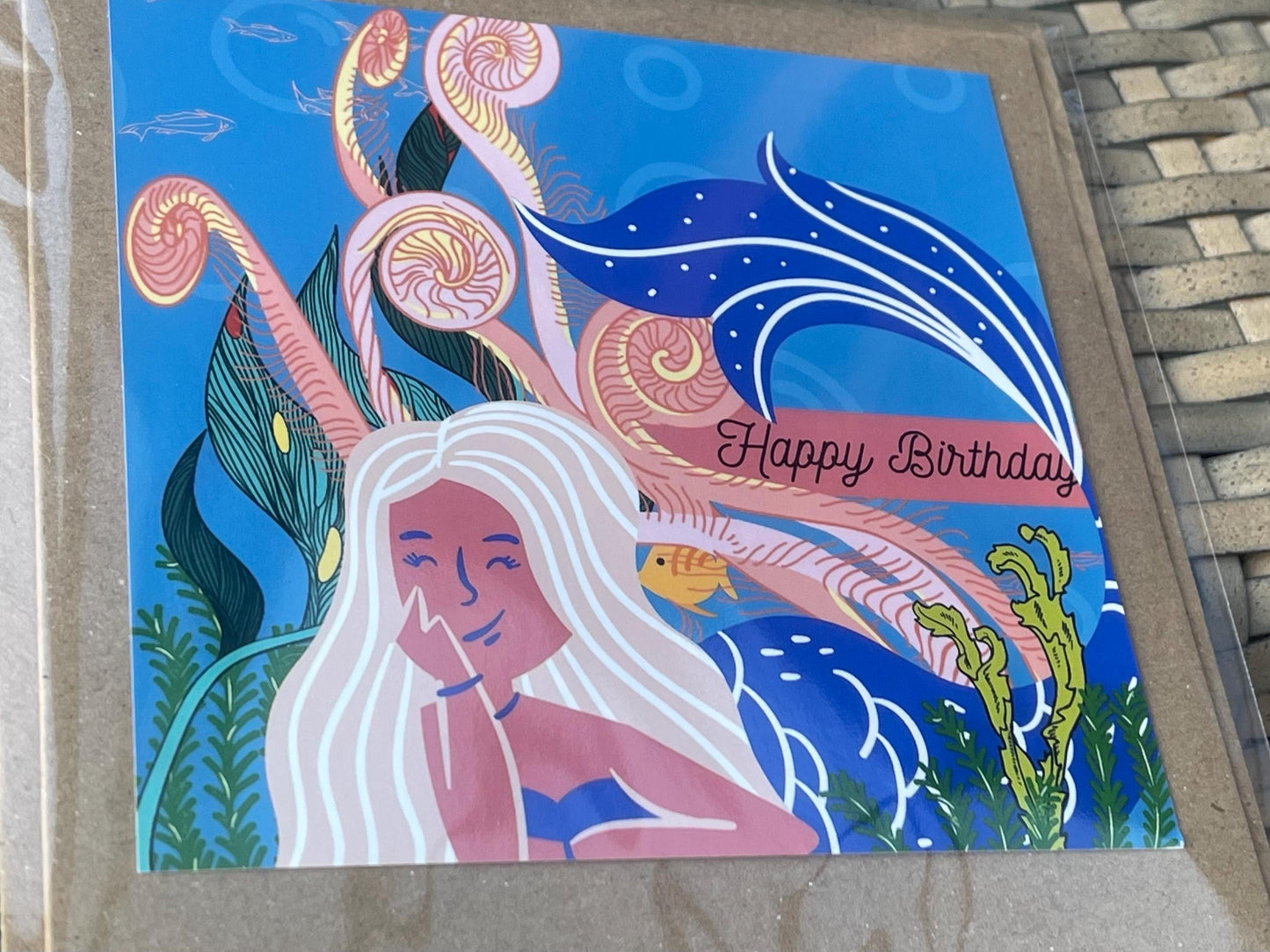 Mermaid card, recycled card, birthday card. Eco friendly card. Handmade card, blank gift card,  kids birthday card. Under the sea.