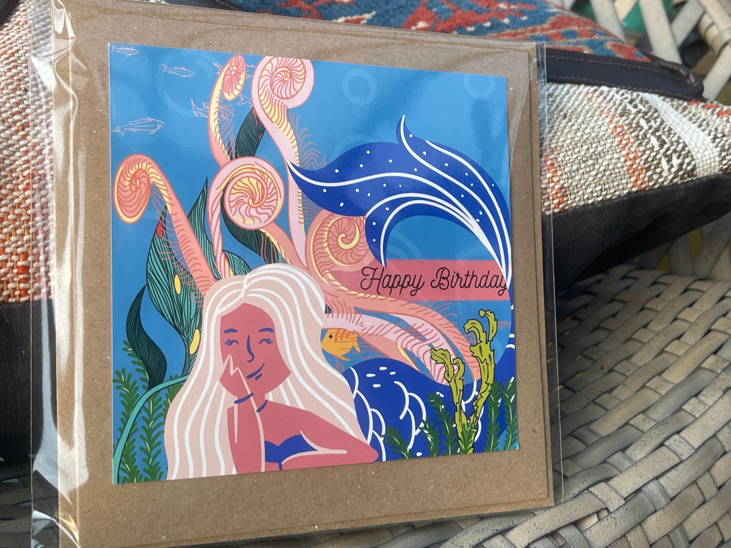 Mermaid card, recycled card, birthday card. Eco friendly card. Handmade card, blank gift card,  kids birthday card. Under the sea.