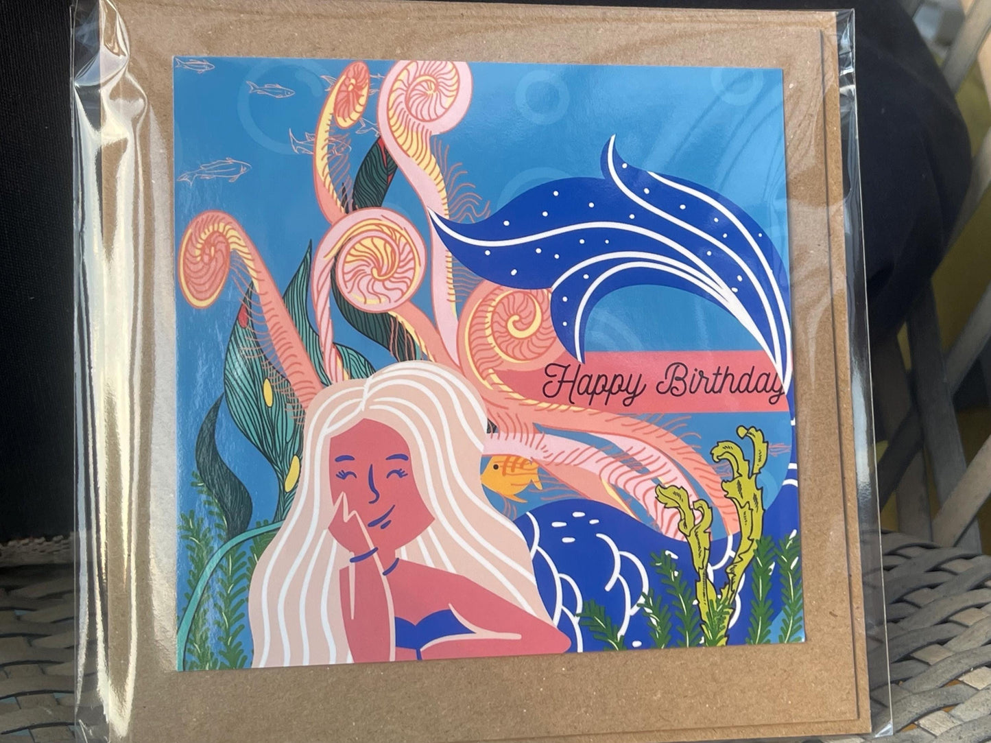 Mermaid card, recycled card, birthday card. Eco friendly card. Handmade card, blank gift card,  kids birthday card. Under the sea.