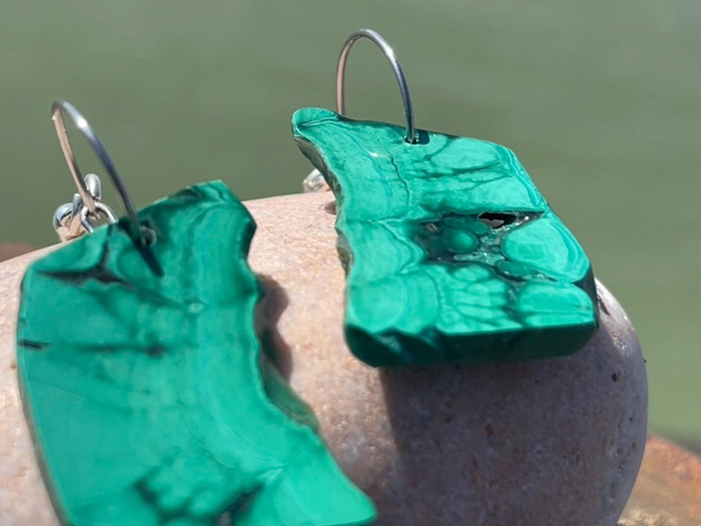 Malachite earrings, boho earrings, unusual gift for her, malachite earrings, silverjewellery, green gemstone earrings. Unusual jewellery