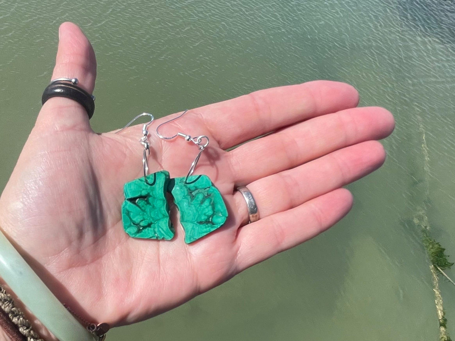 Malachite earrings, boho earrings, unusual gift for her, malachite earrings, silverjewellery, green gemstone earrings. Unusual jewellery