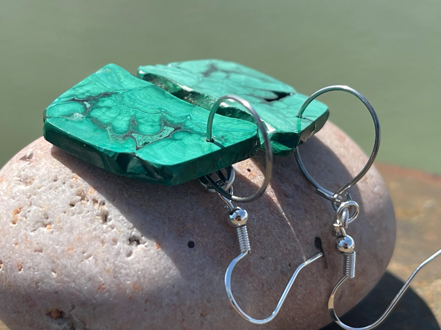 Malachite earrings, boho earrings, unusual gift for her, malachite earrings, silverjewellery, green gemstone earrings. Unusual jewellery