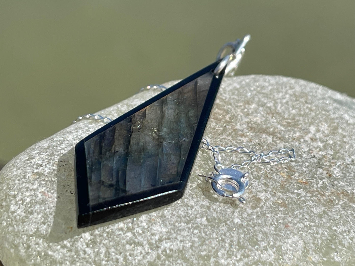 Ethically sourced labradorite necklace on recycled sterling silver. Ethical jewellery, labradorite jewellery. Labradorite pendants.
