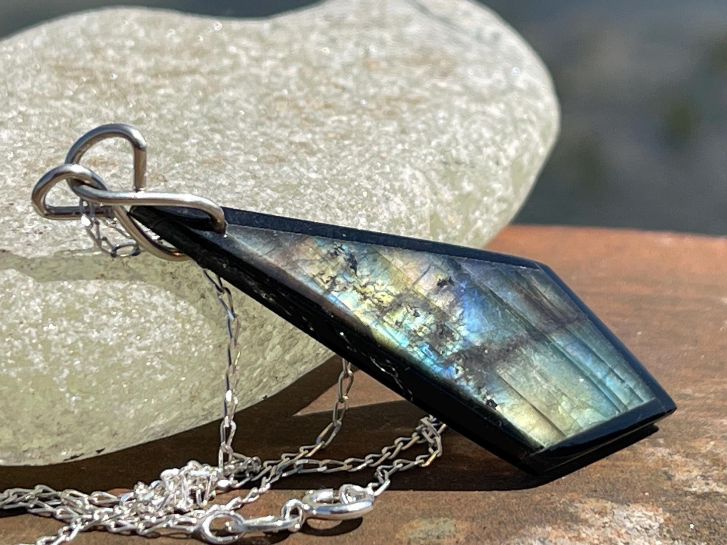 Ethically sourced labradorite necklace on recycled sterling silver. Ethical jewellery, labradorite jewellery. Labradorite pendants.