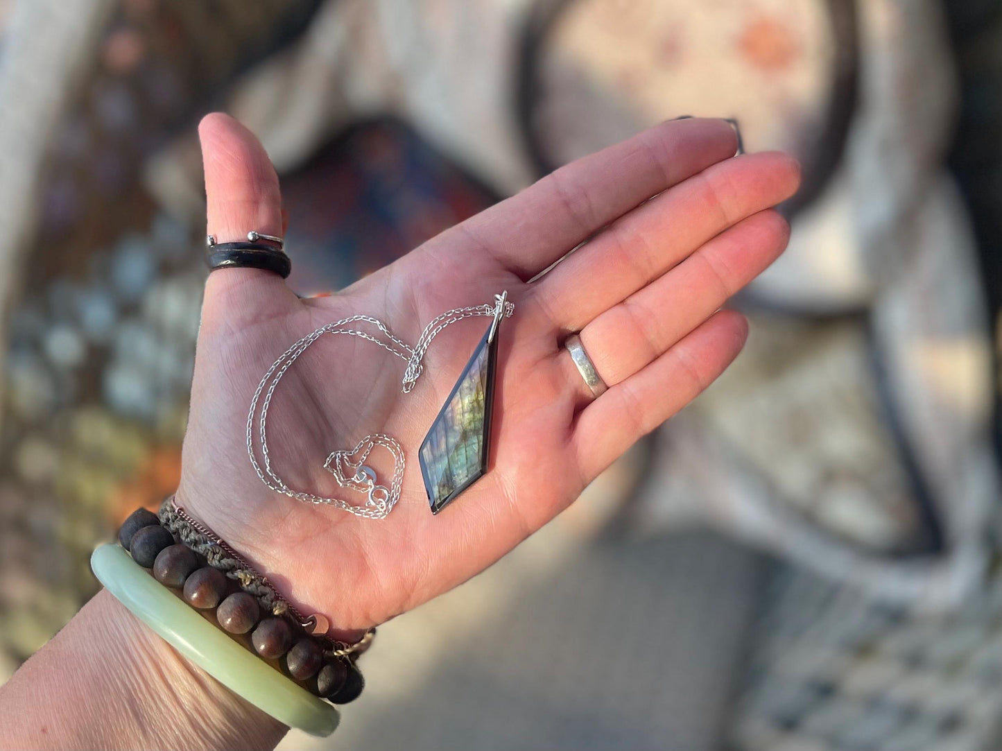 Ethically sourced labradorite necklace on recycled sterling silver. Ethical jewellery, labradorite jewellery. Labradorite pendants.