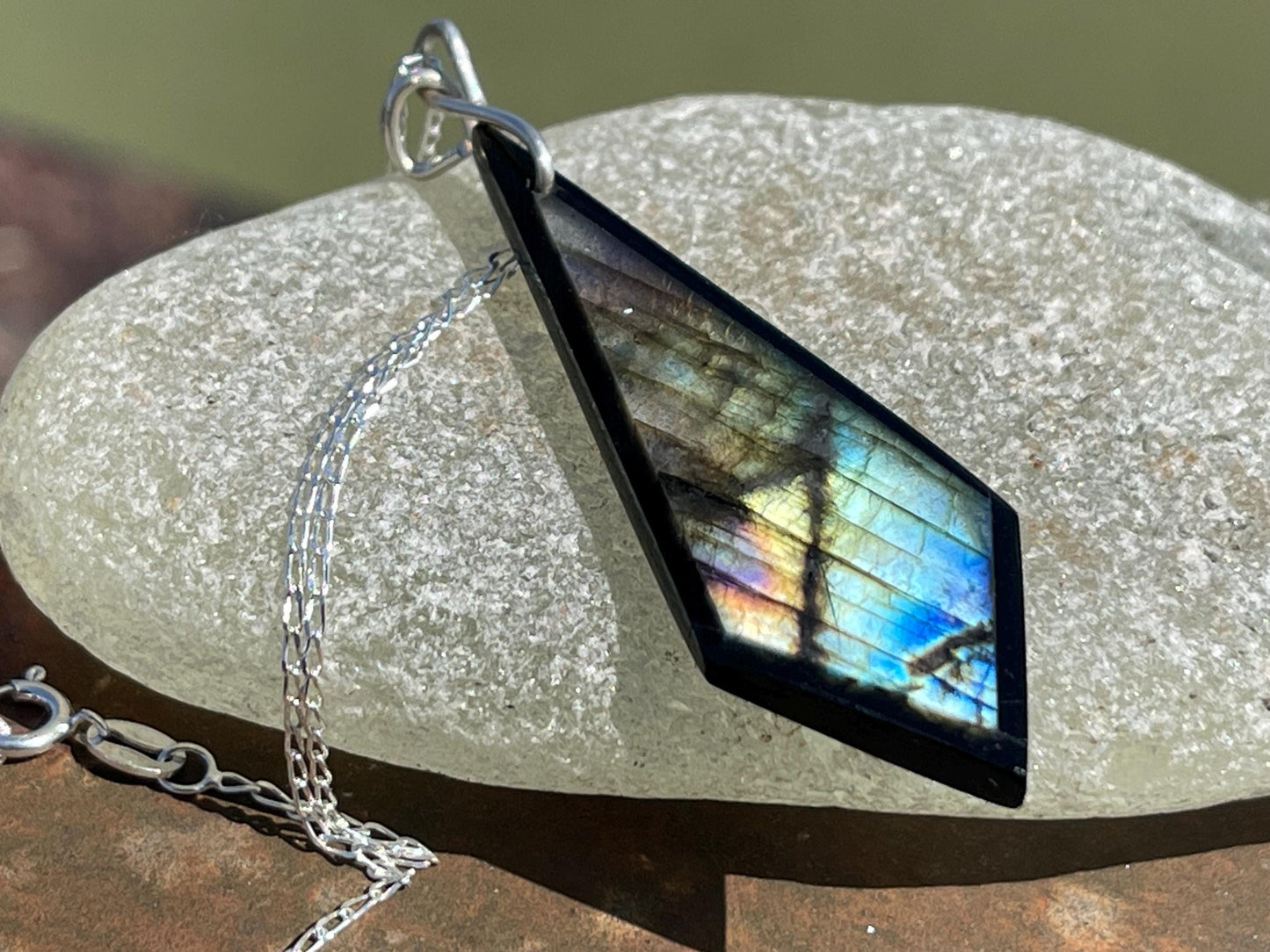 Ethically sourced labradorite necklace on recycled sterling silver. Ethical jewellery, labradorite jewellery. Labradorite pendants.