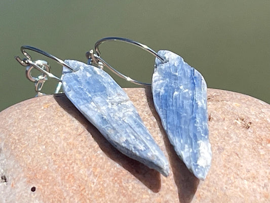 Blue kyanite earrings hung on recycled sterling silver. Angel wing earrings. Unique jewellery. handmade unusual jewellery, ethically made.