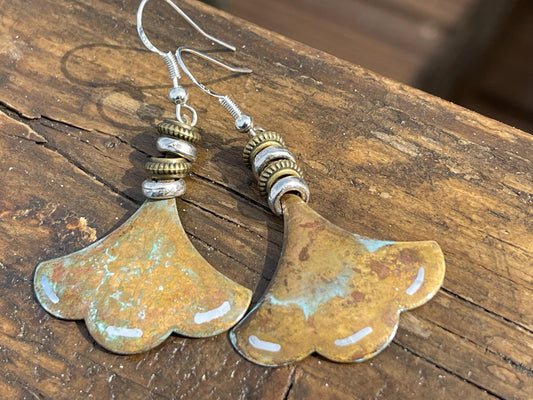Handmade patina earrings. Rustic earrings, unusual earrings, unusual gift for her, blue earrings, boho earrings, large statement earrings.