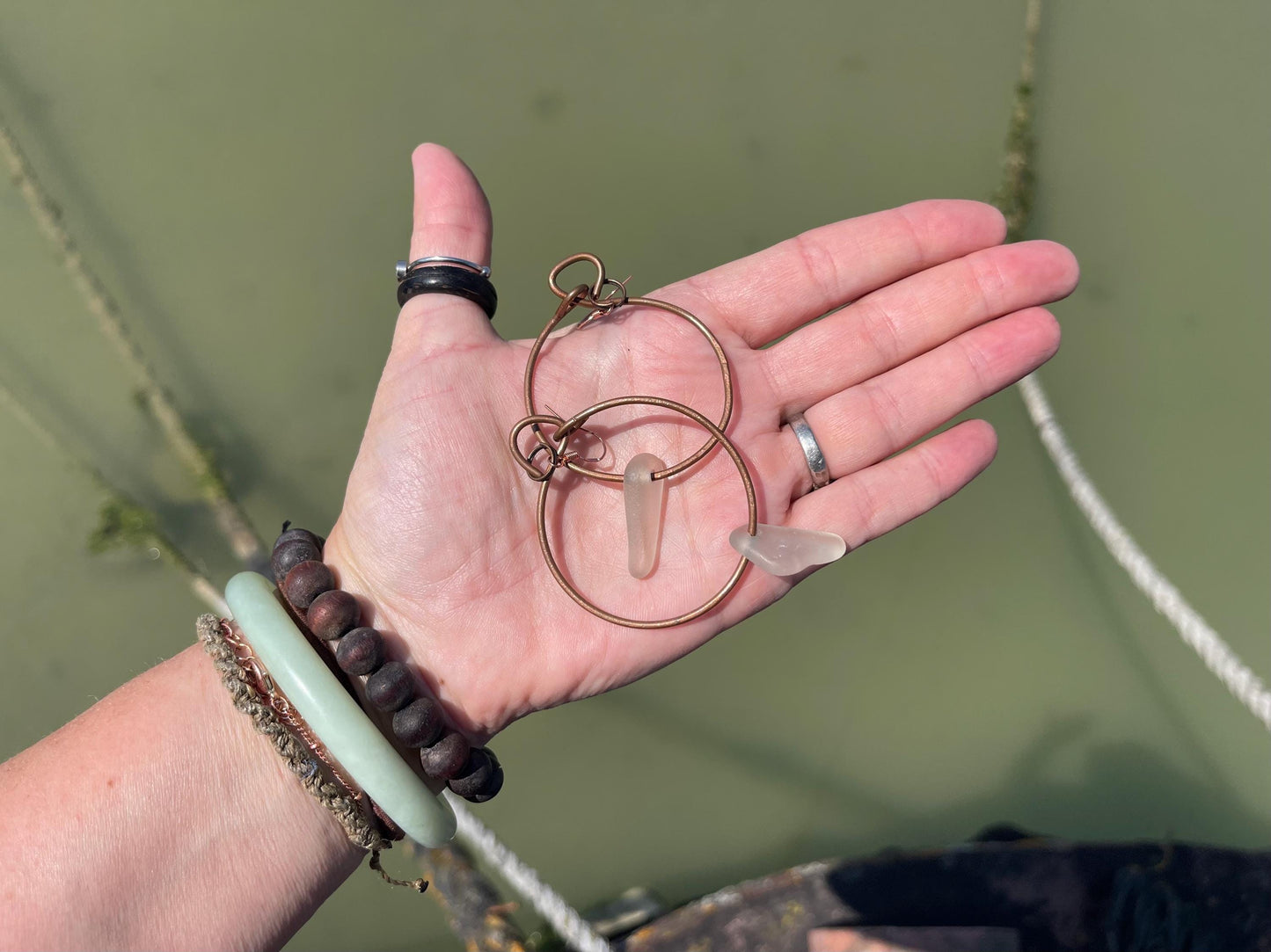 Large hoop earrings. Sustainable jewellery, white sea glass earrings. Handmade earrings, gift for her, eco friendly jewellery, ethical gifts