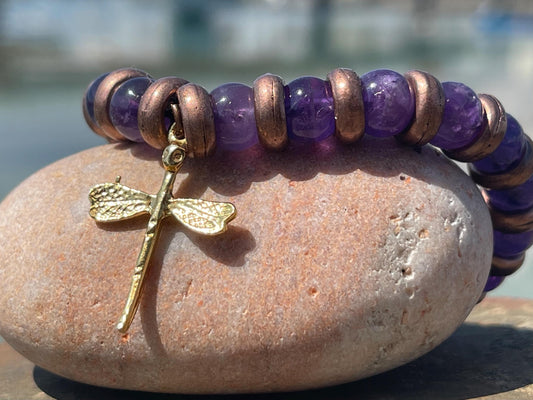 Dragonfly amethyst bracelet, Hippy bracelet, boho gift for her, amethyst jewellery, handmade bracelet, eco friendly bohemian jewellery