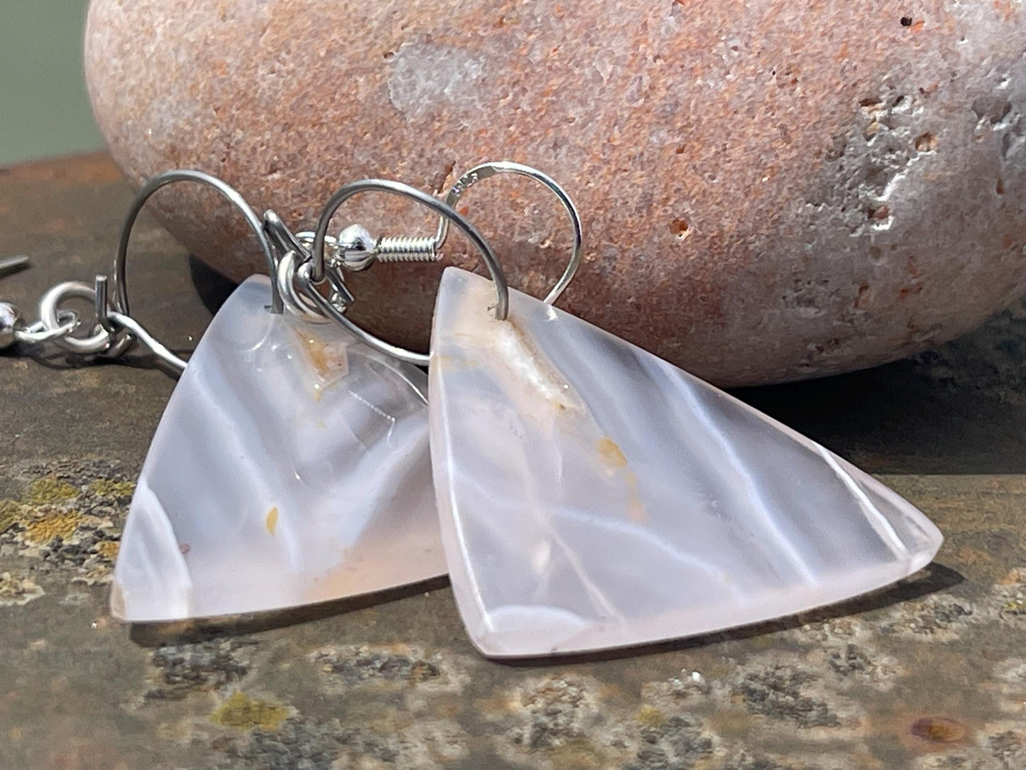 Agate gemstone earrings on recycled sterling silver. Long drop dangly earrings. White gemstone earrings. Ethical jewellery. Wedding earrings