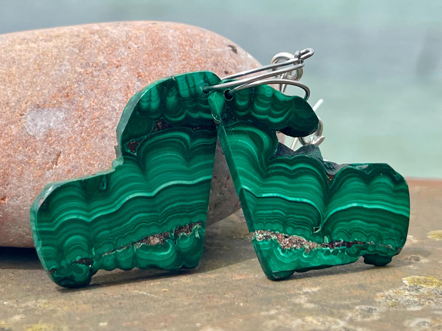 Silver earrings, boho earrings, unusual gift for her, malachite earrings, malachite jewellery, green gemstone earrings. Unusual jewellery