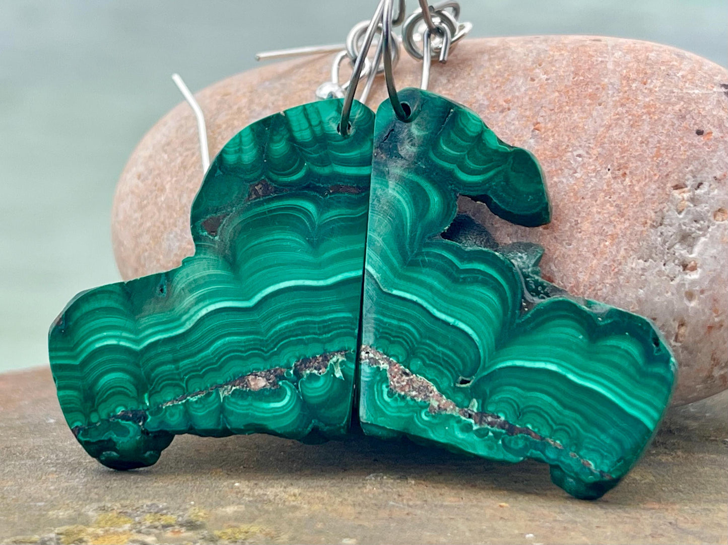 Silver earrings, boho earrings, unusual gift for her, malachite earrings, malachite jewellery, green gemstone earrings. Unusual jewellery