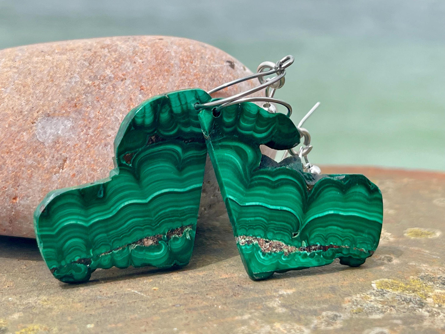 Silver earrings, boho earrings, unusual gift for her, malachite earrings, malachite jewellery, green gemstone earrings. Unusual jewellery