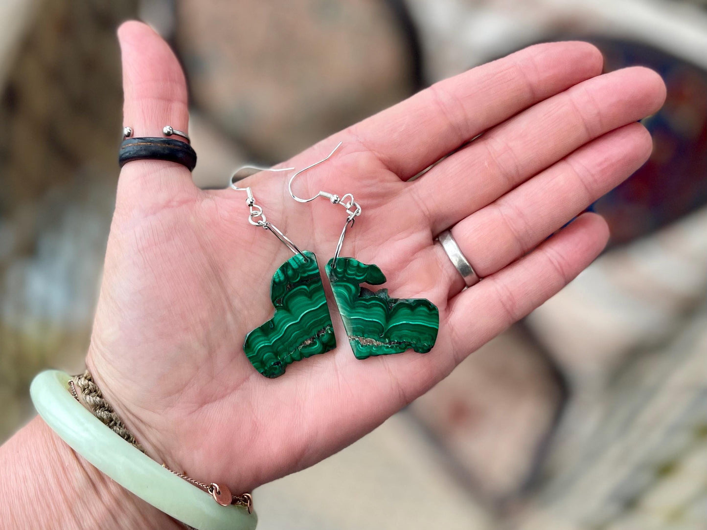 Silver earrings, boho earrings, unusual gift for her, malachite earrings, malachite jewellery, green gemstone earrings. Unusual jewellery
