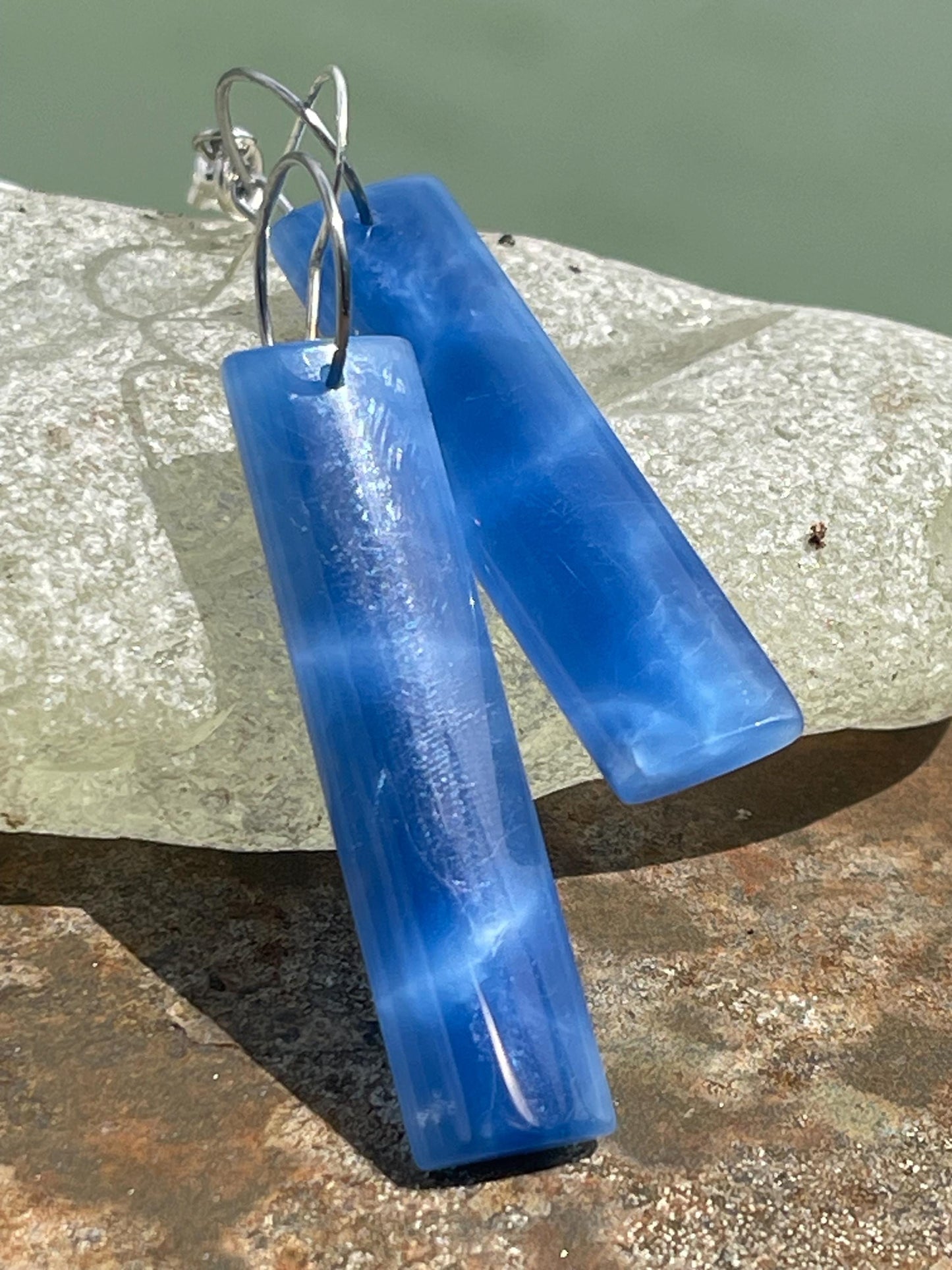Blue onyx gemstone earrings. Long drop dangly earrings. Blue gemstone earrings. Ethical jewellery, blue jewellery. Handmade onyx jewellery.