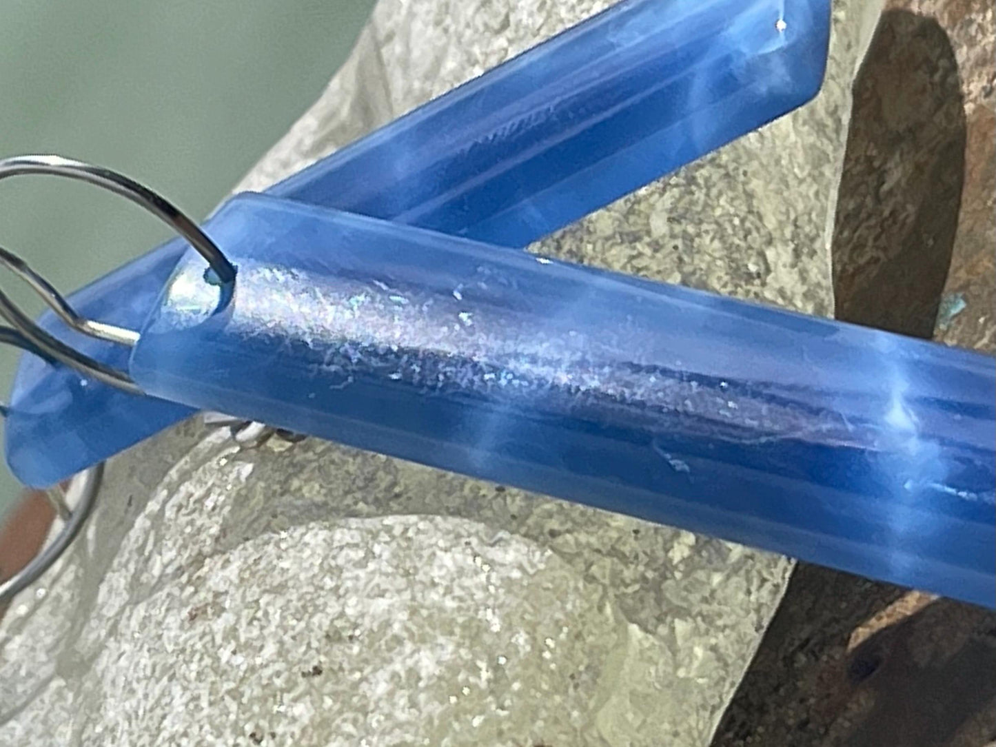 Blue onyx gemstone earrings. Long drop dangly earrings. Blue gemstone earrings. Ethical jewellery, blue jewellery. Handmade onyx jewellery.