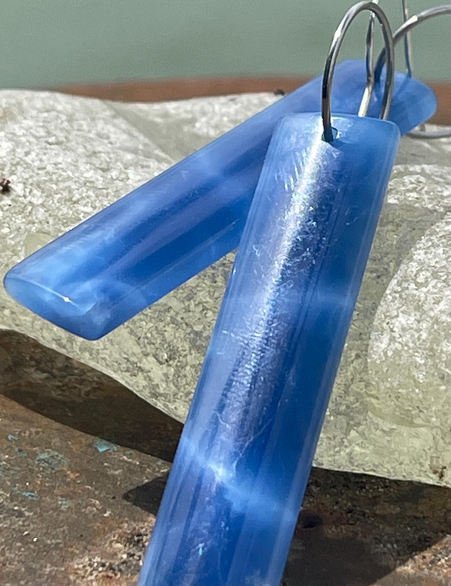 Blue onyx gemstone earrings. Long drop dangly earrings. Blue gemstone earrings. Ethical jewellery, blue jewellery. Handmade onyx jewellery.