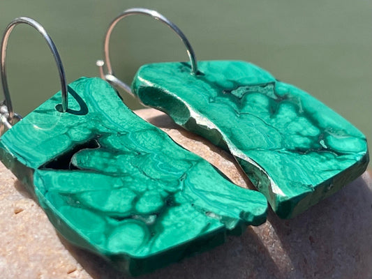 Malachite earrings, boho earrings, unusual gift for her, malachite earrings, silverjewellery, green gemstone earrings. Unusual jewellery