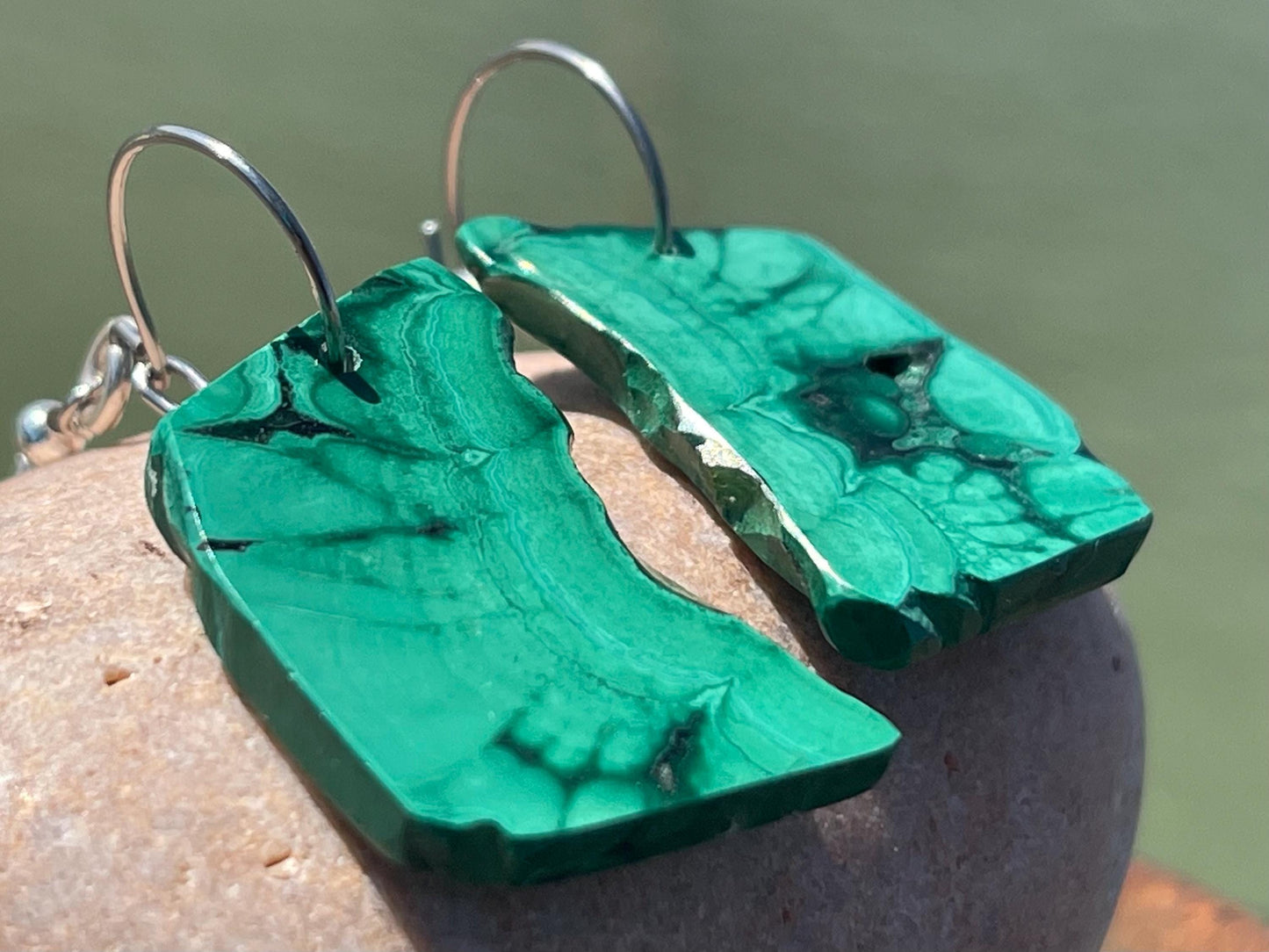 Malachite earrings, boho earrings, unusual gift for her, malachite earrings, silverjewellery, green gemstone earrings. Unusual jewellery
