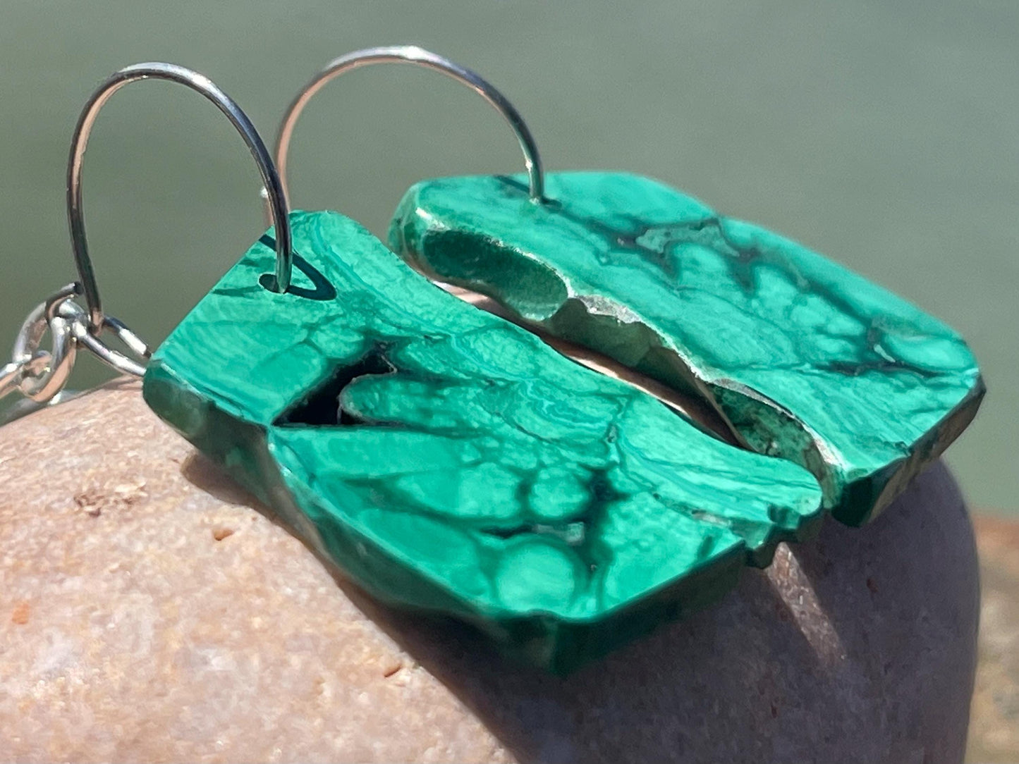 Malachite earrings, boho earrings, unusual gift for her, malachite earrings, silverjewellery, green gemstone earrings. Unusual jewellery